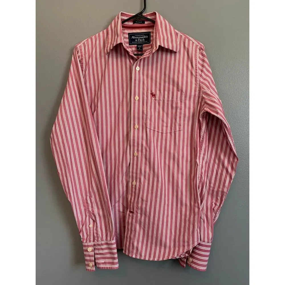Abercrombie and Fitch men’s muscle button-down pink striped shirt.  - Picture 1 of 3